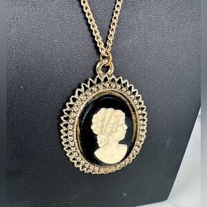Vintage Faux Cameo Pendant Necklace Black and Cream Filigree 24” Chain Romantic